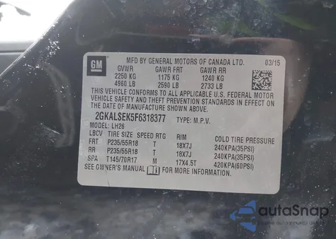 2015 GMC Terrain Slt-1 z USA, uszkodzony, nr VIN 2GKALSEK5F6318377
